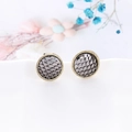 Retro round stud earrings with golden frames and textured grey fish scale pattern - K5 / Bright Black