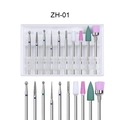 Macro detail of 10-piece nail drill bit set with varied shapes in a white storage box - Multifunctional Diamond Set (ZH01)