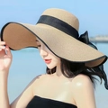 Beige wide brim straw sun hat with black ribbon bow and trim for beach vacation - One Size / Khaki with Black Border