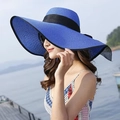 Royal blue wide brim straw hat with black ribbon detail for summer beach sun protection - One Size / Navy with Black Border