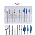 Close-up of 10-piece nail drill bit set ZH-05 with brush in a translucent plastic case - Blue Coated Diamond Set (ZH05)