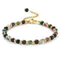Close-up of beaded stone bracelet with gold spacers and adjustable lobster clasp chain - India Agate