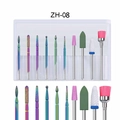 Detailed macro view of a 10-piece nail drill bit set with rainbow coating and storage box - Mixed Material Full Effect Set (ZH08)