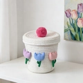 White cotton rope woven storage basket with lid, pink pom-poms, and tulip patches - White Tulip Style (18*18)