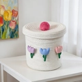 Handwoven cotton rope storage basket with lid, featuring cute plush ball and colorful tulips - White Tulip Style (22*22)