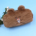 Braunes Plüsch-Mäppchen mit süßen 3D-Ohren und Cartoon-Bärenstickerei-Detail - Brauner Bär mit Brille