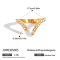 Gold plated V-shaped stainless steel ring featuring micro-set cubic zirconia accents - Polished Simple Double Ring Style (JDR0305005)