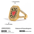 Bague réglable en acier inoxydable doré avec cœur rouge sur fond noir et zircons pavés - Style Chevalière Coeur Rouge Vintage(JDR0205001) / Or