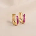 Detailed close-up of 14K gold-filled rectangular earrings with pink zircon stones - Red Zirconia U-Shape Huggie (15x19mm)