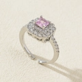 Detailed view of adjustable ring with square pink zircon and silver pavé setting - Style 14