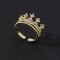 Adjustable golden crown ring with a pink teardrop gemstone and white zircons - Style 17