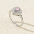 Adjustable silver ring with pink heart-shaped zircon and double halo of clear stones - Style 20