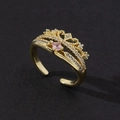 Adjustable golden crown ring with pink square gemstone and white zircon accents - Style 21