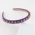 Elegant purple satin headband with sparkling rhinestones and golden metal settings - Purple