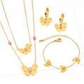 Golden butterfly jewelry set with pink stones including necklaces, bracelet and earrings - Double Layer Butterfly Pink Zirconia Jewelry Set