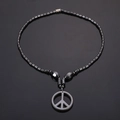 Men's magnetic hematite bead necklace featuring a classic dark metal peace sign pendant - Magnetic Stone Peace Sign Necklace (50cm Screw Clasp)