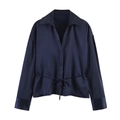Detail of navy blue satin shirt showing glossy texture and adjustable waist tie - XS / Navy Blue