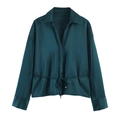 Detail of dark green satin blouse showing smooth glossy texture and tie waist design - XS / Dark Green