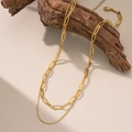Golden double layer necklace featuring a trendy paperclip chain and a slim snake chain - Cross Snake Double Chain (H156) Gold