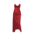 Elegant red satin strapless dress with deep V-neck and high side slit evening gown - Red