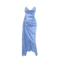 Elegant light blue satin deep V-neck evening dress with high slit and pleated waist detail - Light Blue