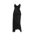 Elegant black satin strapless maxi dress with draped ruching and high leg slit detail - Black