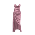Elegant slim fit mauve satin evening gown with a deep V-neck and high side split detail - Dusty Pink