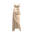 Elegant champagne gold satin dress with deep V-neck, pleated waist, and high split detail - Champagne