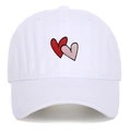 Detailed close-up of double heart embroidery on white washed cotton baseball cap - Adjustable / White