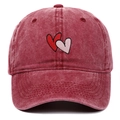 Close-up of double heart embroidery on vintage washed burgundy cotton baseball cap - Adjustable / Burgundy