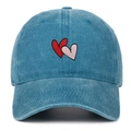 Detail of red and pink heart embroidery on a washed blue cotton baseball cap - Adjustable / Lake Blue