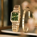 Set orologio al quarzo dorato con quadrante verde e bracciale rigido inciso LOVE - Orologio Stile 11 + Bracciale (Senza Scatola)