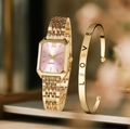 Orologio donna dorato con quadrante rosa e bracciale rigido coordinato inciso LOVE - Orologio Stile 12 + Bracciale (Senza Scatola)