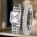 Orologio al quarzo rettangolare argento con quadrante romano e bracciale di strass - Orologio Stile 13 + Bracciale (Senza Scatola)