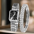 Orologio quadrato argento con quadrante nero e bracciale scintillante di strass - Orologio Stile 14 + Bracciale (Senza Scatola)