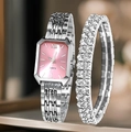 Orologio al quarzo donna con quadrante rosa rettangolare, cinturino argento e strass - Orologio Stile 15 + Bracciale (Senza Scatola)