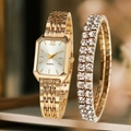 Set elegante con orologio al quarzo rettangolare dorato e bracciale con strass - Orologio Stile 17 + Bracciale (Senza Scatola)