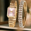 Set orologio al quarzo da donna dorato con bracciale e quadrante rosa rettangolare - Orologio Stile 19 + Bracciale (Senza Scatola)