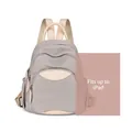 Grey Oxford backpack with beige leather handle, waterproof nylon, fits iPad device - Apricot Grey