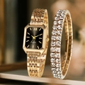 Orologio al quarzo rettangolare dorato da donna con bracciale coordinato in cristallo - Orologio Stile 20 + Bracciale (Senza Scatola)