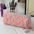 Quilted red checkered cosmetic bag with blue bow pattern and soft cotton texture - Small / Red Grid with Bow