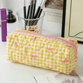 Quilted yellow checkered makeup bag with pink bow prints and zipper closure - Small / Yellow Grid with Bow