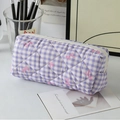 Trousse à cosmétiques matelassée violette à carreaux avec motifs de nœuds roses - Petit / Carreaux Violets avec Nœud