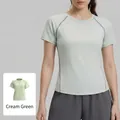 T-shirt de yoga sport vert menthe pour femme avec col rond et manches raglan - Vert Crème