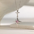 Zilveren sterrenketting met roze edelsteen en een subtiele dubbele ster hanger met orbitaal - Sterrestraal Stijl (Zilver) (QY8192) / Zilver