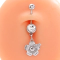 Silver non-pierced belly ring with round zircon and hanging flower pendant - Five-Petal Flower Dangle (9131)