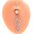 Silver non-piercing navel ring with crystal heart and layered hollow star pendant - Five-Pointed Star Dangle (KS91)