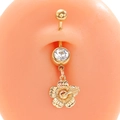 Gold-plated navel ring with round cubic zirconia and hollow hibiscus flower pendant - Hibiscus Style (9156)
