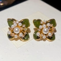 Blumen-Ohrstecker im Waldstil mit Perlen und grünen Emaille-Blüten - 67# Blumengeclusterter Perlenstil / Dunkelgrün Weiß Gold