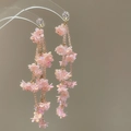 Elegant pink floral tassel drop earrings with crystal studs and iridescent finish - Style 11 / Pink
